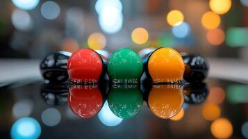 Colorful round objects in a row reflecting lights, creating a vibrant atmosphere in a modern space photo