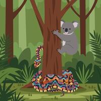 Koala Climbing Tree with Colorful Snake in the Forest vector