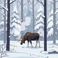 Moose Foraging in Snowy Winter Forest Scene with Gentle Snowfall vector