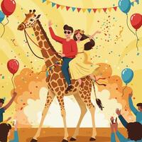 Riding a Giraffe Celebration with Balloons Confetti and Cheering People vector