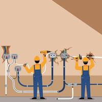 Electrical Workers Installing Wiring and Electrical Outlets in Interior Wall vector