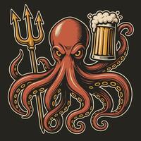 Illustration of an Octopus Holding Beer and Trident with Angry Expression vector