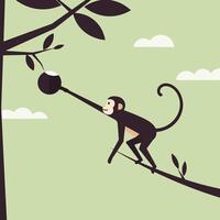 Monkey Reaching for Fruit Hanging From Tree Branch Illustration vector