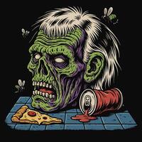 Cartoon Zombie Head with Pizza Slice and Overflowing Drink vector