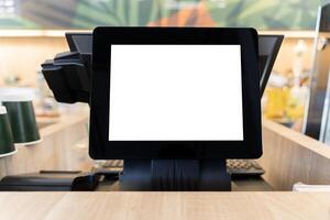 A terminal machine in a store, mock up design. Blank display of self-service touchscreen in fast food restaurant. photo