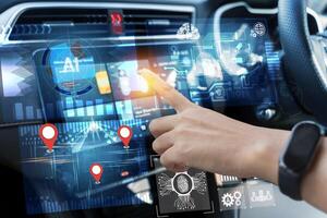 Smart car dashboard interface with AI and GPS technology in use by driver photo