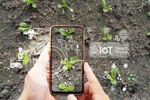Smart farming agricultural transformation technology concept. Digital cyber display of IOT element icons appea photo