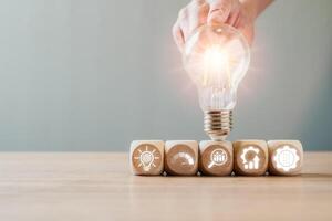 Light bulb and wooden blocks illustrating the DMAIC process, Define, Measure, Analyze, Improve, Control in business strategy. photo