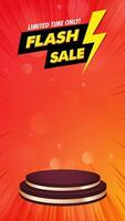 Limited Flash sale discount motion graphic template featuring a 3D podium with blank space for product display, set against an abstract gradient background video