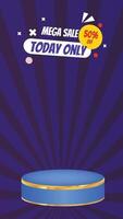 Mega sale motion graphic template featuring a 3D podium with blank space for product display, set against an abstract gradient background video