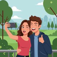 Couple Taking Selfie in Park with Cityscape in Background vector