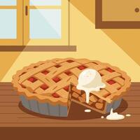 Serving Apple Pie with Vanilla Ice Cream on a Wooden Table vector