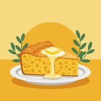 Serving of Cornbread with Melting Butter on a White Plate vector
