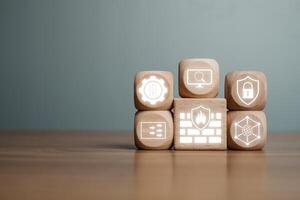Wooden blocks with digital security icons representing firewall concept on a wooden table, symbolizing protection and cybersecurity. photo