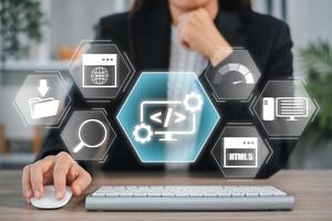 Explore a futuristic web development concept showcasing digital interfaces, coding symbols, and technology elements for modern solutions. photo