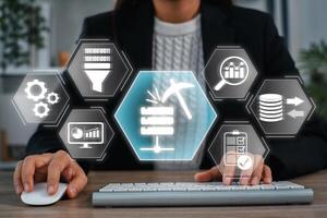 Visual representation of data mining with digital icons, showcasing technology and analytics in a modern business context. photo