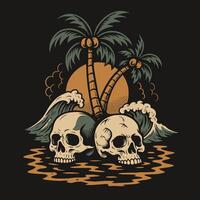 Skulls with Palm Trees and Waves Illustration on Dark Backdrop vector