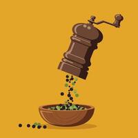 Grinding Pepper Freshly Into Wooden Bowl Adding Flavor and Spice vector