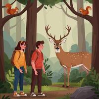 Hikers Observing Deer in Forest Setting with Squirrels Above vector