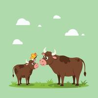 Cow and Calf Looking at a Butterfly in Nature Scene vector
