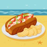 Enjoying Lobster Roll with Chips on Beach with Ocean View vector
