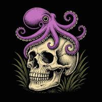 Skull with Octopus Illustration on Top in Grass Design vector
