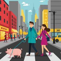 Walking Pig with Couple on City Street Zebra Crossing vector