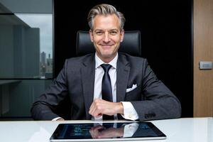 Confident middle-aged businessman in a sharp suit and tie, smiling warmly at the camera while seated at his modern office desk with a tablet, embodying success photo
