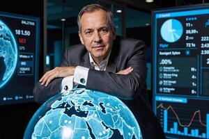 A man in a suit is leaning against a globe with graphs and data photo