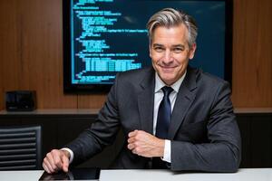 Successful senior software developer or IT executive in a suit, smiling confidently at his desk in a modern office, with complex programming code visible on a large computer screen photo