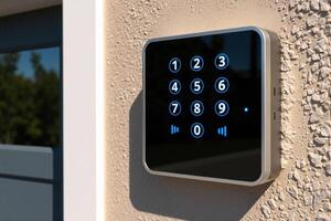 Modern square digital security keypad mounted on an exterior textured wall beside a door frame, providing secure keyless entry access control system technology for building photo
