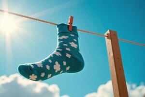A sock hanging on a clothesline with the sun in the background photo