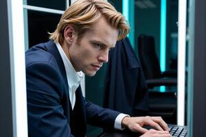 A man in a suit is using a computer photo