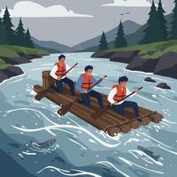 Men Rafting Down River on Log Raft Adventure in Nature vector