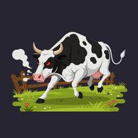Charging Spotted Cow with Steam Coming From Nostrils in Field vector