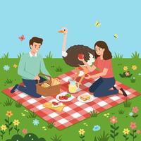 People Having Picnic with an Ostrich in a Field on a Blanket vector