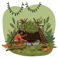 Native American Building Shelter with Spear and Animal Trap vector