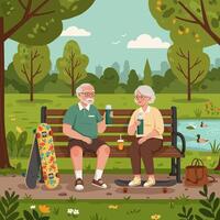 Senior Couple Relaxing in Park with Skateboard and Drink vector