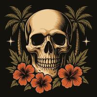 Stylized Skull with Palm Trees and Flowers in Tropical Design vector