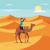 Couple Riding Camel Through Desert Dunes on a Sunny Day vector