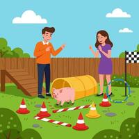 Pig Navigating Obstacle Course Watched by People in Outdoor Setting vector