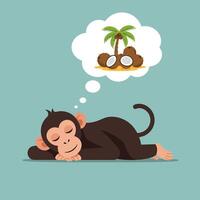 Monkey Sleeping Dreaming of Coconuts and Palm Tree on Island vector