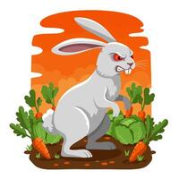 Illustration of Aggressive Rabbit Standing in Garden with Vegetables vector