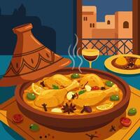 Serving Traditional Chicken Tagine with Olives and Lemon for Dinner vector