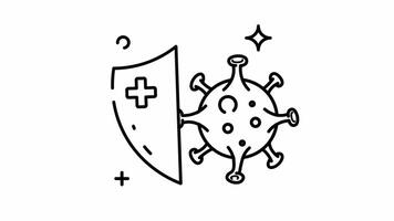 Animated Of a shield protecting from a virus line art. video