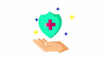 Animated Hygiene is protected by a hand holding a green shield with a red cross flat icon. video