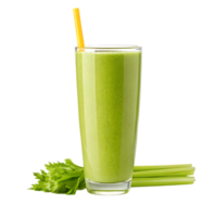 Refreshing green celery juice in a glass with stalks. png