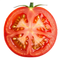Close up of a perfectly ripe tomato slice, showcasing its vibrant color and juicy texture. png