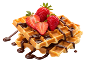 Delicious waffles with strawberries and chocolate sauce png