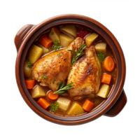 Delicious chicken stew with potatoes and carrots in a rustic pot. png